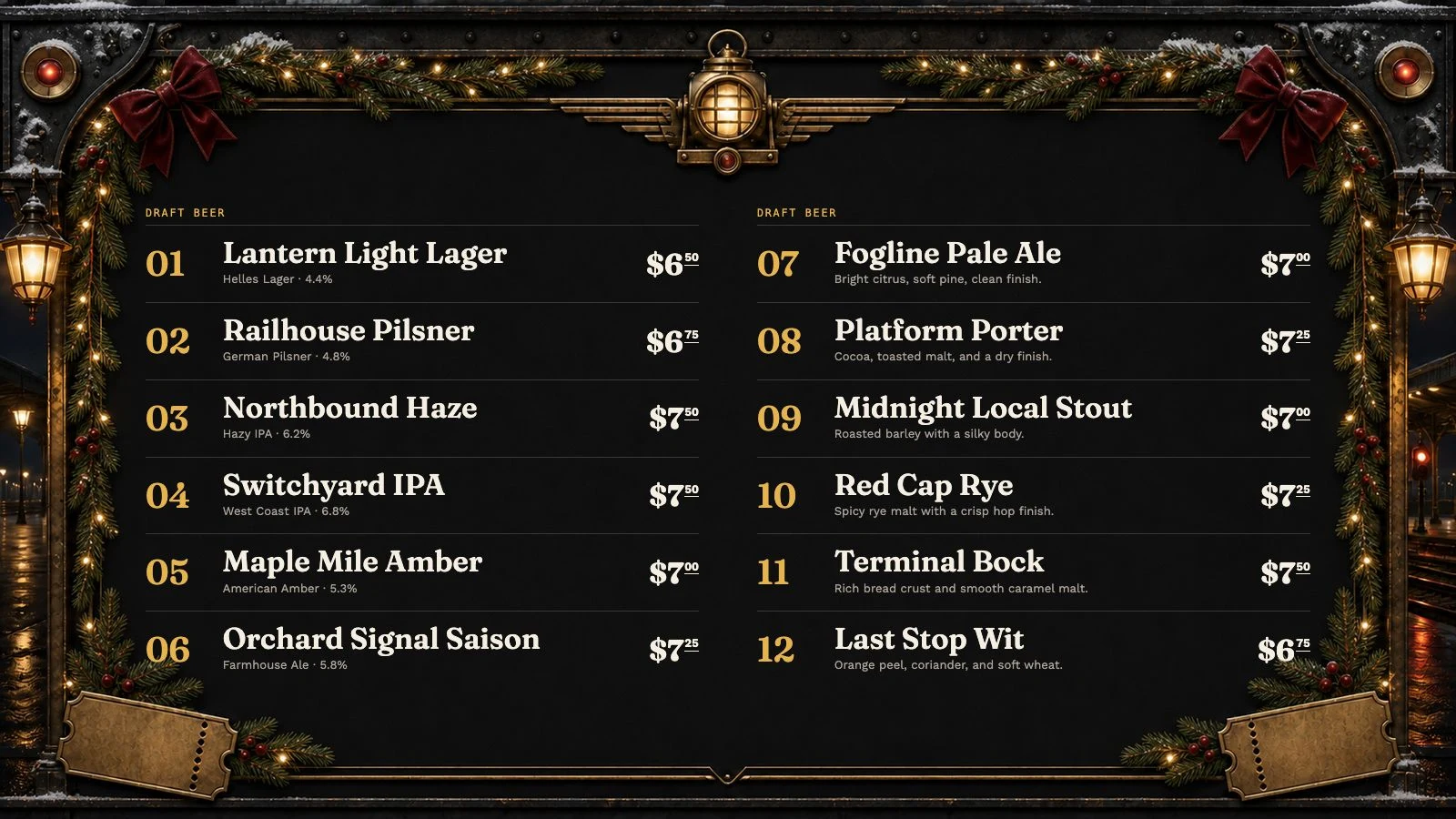 Northbound Lantern's twelve-beer tap list rendered on a Christmas TV menu theme